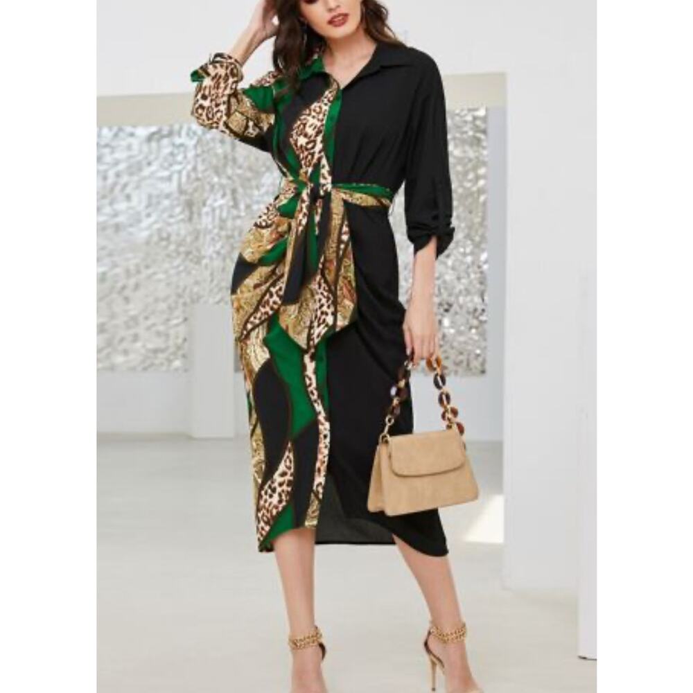 Women's Button Front Tie Waist Animal Print Paisley Long Sleeve Shirt Dress XL